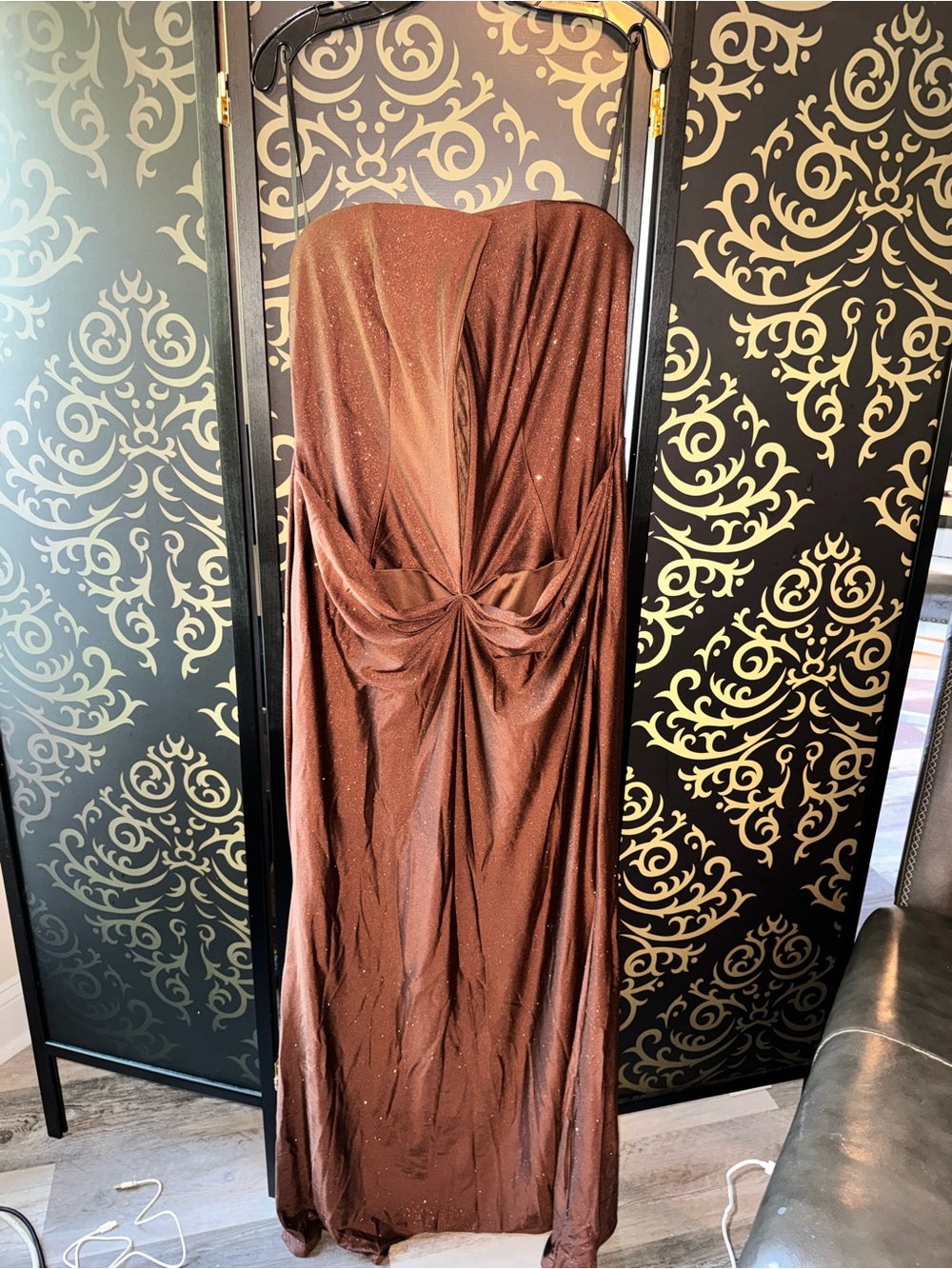 Fashion Nova Bronze Strapless Sparkle Maxi Dress
